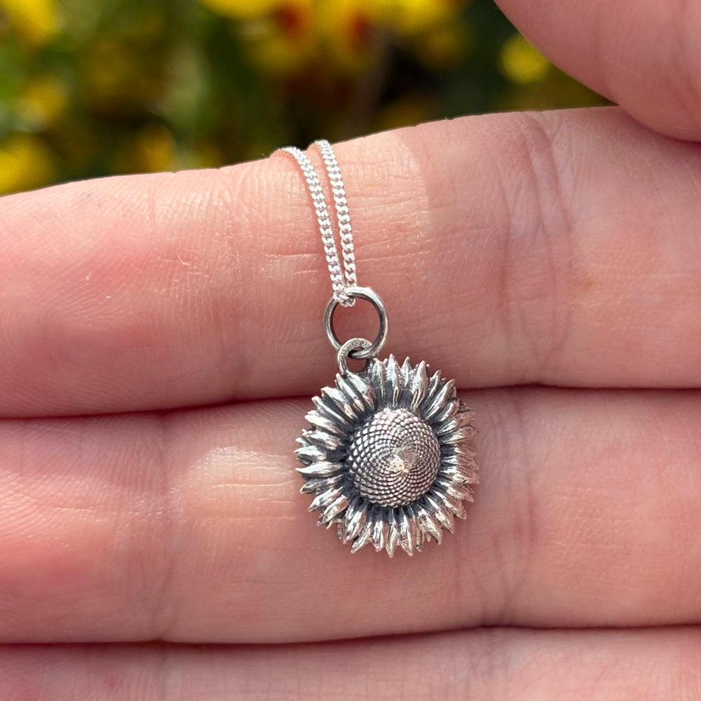 Handmade sterling silver sunflower necklace on chain – fundraising jewellery for Ukraine
