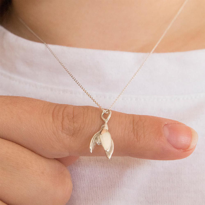 January birth flower snowdrop charm necklace, handcrafted in the UK.