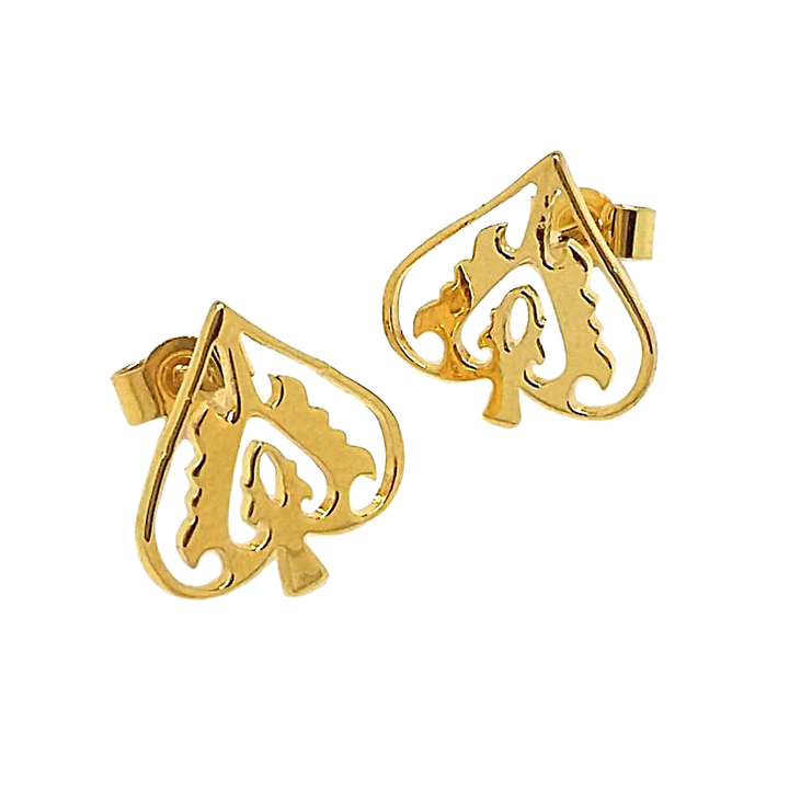 Gold vermeil Ace of Spades stud earrings with heart cutout