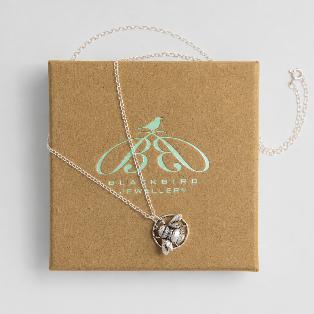 Sterling Silver bee necklace on a Blackbird Jewellery box.