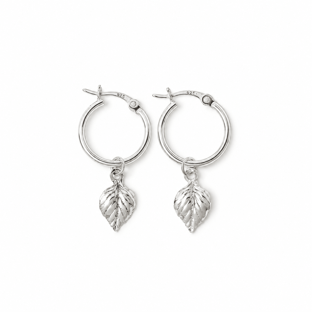 Sterling Silver Birch Leaf Drop Hoop Earrings by Blackbird Jewellery | Handmade jewellery