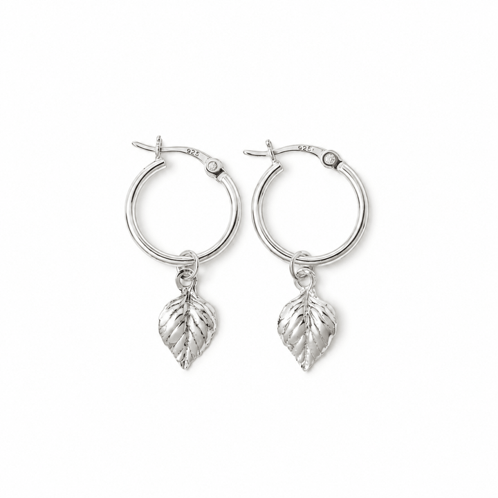 Sterling Silver Birch Leaf Drop Hoop Earrings by Blackbird Jewellery | Handmade jewellery