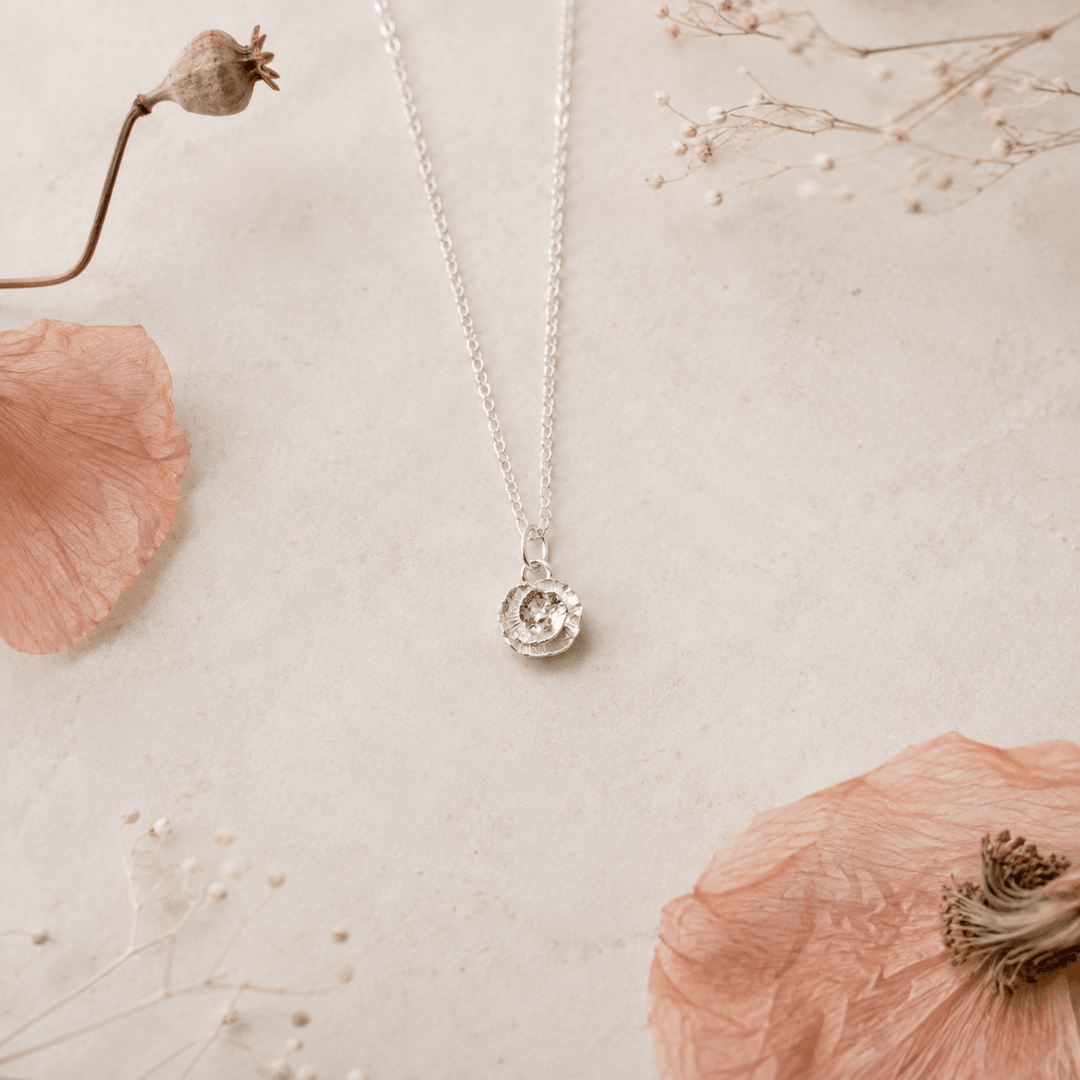 Sterling Silver Poppy Flower Necklace by Blackbird Jewellery | Handmade jewellery