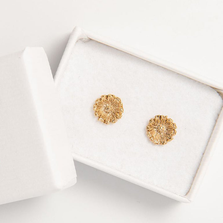 Gold Vermeil Daisy Stud Earrings by Blackbird Jewellery, presented in signature branded packaging, perfect for gifting.