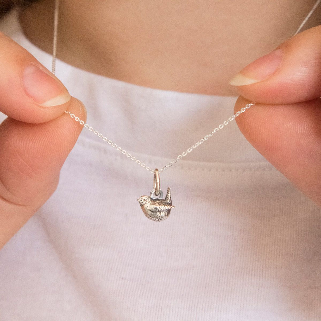 Nature-themed wren necklace in sterling silver, a perfect gift for bird lovers.